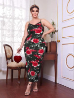 Women Plus Lace Trim Allover Floral Bodycon Dress