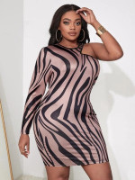 Women Plus Zebra Striped One Sleeve Bodycon Dress