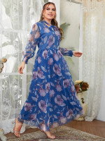 Women Plus Floral Print Shirred Cuff Mesh Dress