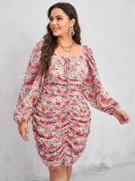 Women Plus Size Allover Floral Print Tie Front Lantern Sleeve Ruched Dress