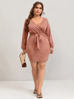 Women Plus Solid Surplice Front Belted Bodycon Dress