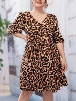 Women Plus Leopard V Neck Dress