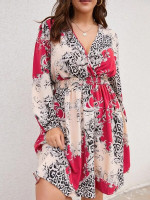 Women Plus Leopard & Baroque Print Surplice Neck Shirred Dress