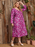 Women Plus Size V Neck Floral Print Dress
