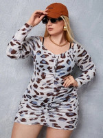 Women Plus Leopard Print Ruched Tie Front Bodycon Dress Without Lingerie