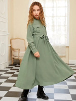 Girls Button Front Belted Dress
