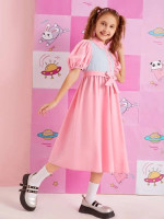 Girls Button Front Puff Sleeve Colorblock Belted Dress