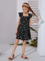 Girls Square Neck Floral Print Butterfly Sleeve Dress