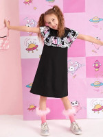Girls Cartoon and Letter Graphic Ruffle Detail Dress