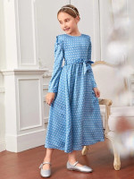 Girls Polka Dot Print Shoulder Pad Belted Dress