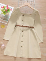 Girls Square Neck Puff Sleeve Single Breasted Dress With Belt