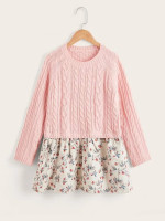 Girls Floral Print Cable Knit Raglan Sleeve 2 In 1 Dress