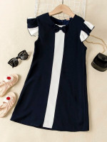 Girls Contrast Panel Butterfly Sleeve Bow Front Dress