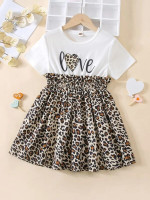 Girls Leopard & Letter Graphic Frill Trim Dress