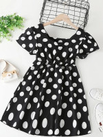 Girls Polka Dot Print Puff Sleeve Ruched Dress