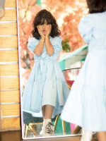 Girls Button Front Puff Sleeve Belted Dress