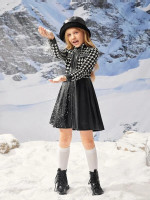 Girls Houndstooth Panel Zip Up PU Leather Dress