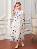 Girls Floral Embroidery Mesh A-line Dress