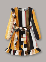 Girls Striped Colorblock Ruffle Trim Belted Dress