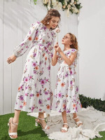 Girls 1pc Floral Print Ruffle Hem Belted Dress