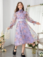 Teen Girls Floral Print Bow Front Flounce Sleeve Belted Mesh Dress