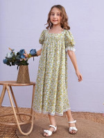 Girls Lace Trim Puff Sleeve Floral Print Smock Dress