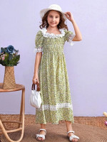Girls Ditsy Floral Lace Trim Shirred Puff Sleeve Dress