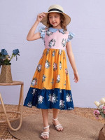 Girls Colorblock Floral Print Peter Pan Collar Ruffle Hem Dress