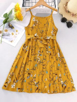 Girls Floral Print Pleated Belted Cami Dress