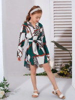 Girls Leopard & Chain Print Belted Notch Dress