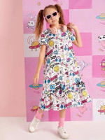Girls Pop Art Print Ruffle Hem Smock Dress