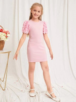 Girls Layered Ruffle Detail Sleeve Solid Fitted Dress
