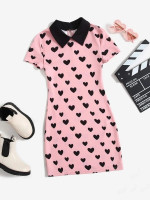 Girls Heart Print Contrast Collar Dress