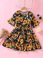 Girls Allover Floral Print Flounce Sleeve Frill Trim Dress