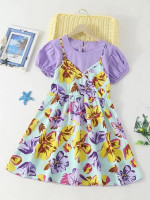 Girls Floral Print Puff Sleeve 2 In 1 Dress