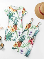 Girls 2pcs Floral & Pineapple Print Dress