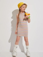 Girls Rainbow Striped Rib-knit Dress