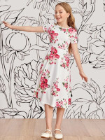Girls Round Neck Floral Print Dress