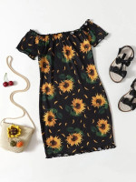 Girls Sunflower Print Lettuce Trim Dress