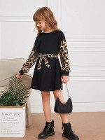 Girls Leopard Sleeve Belted Dress