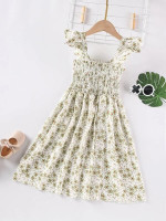 Girls Allover Floral Print Frill Shirred Ruffle Trim Dress