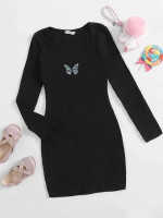 Girls Butterfly Embroidered Rib-knit Dress