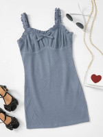 Girls Ruched Bust Tie Front Frilled Waffle Knit Cami Dress