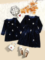 Girls 1pc Sequin Insert Star Pattern Ruffle Trim Velvet Dress