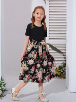 Girls Tie Front Floral Print Combo Dress
