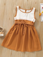 Girls Two Tone Contrast Binding Belted Dress