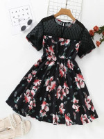 Girls Allover Floral Print Contrast Dobby Mesh Keyhole Back Dress
