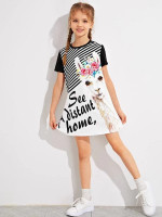 Girls Animal & Slogan Graphic Striped Dress