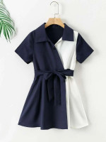 Girls Two Tone Belted Shirt Dress