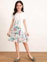 Girls Pleated Detail Floral Print Trapeze Dress